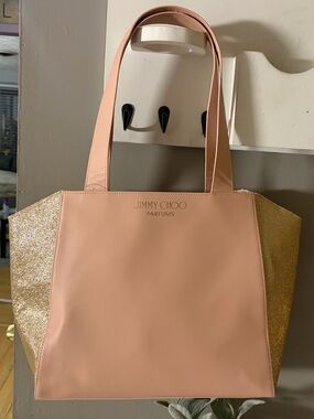 Jimmy Choo Parfums Blush Pink and Gold Glitter Tote Bag
